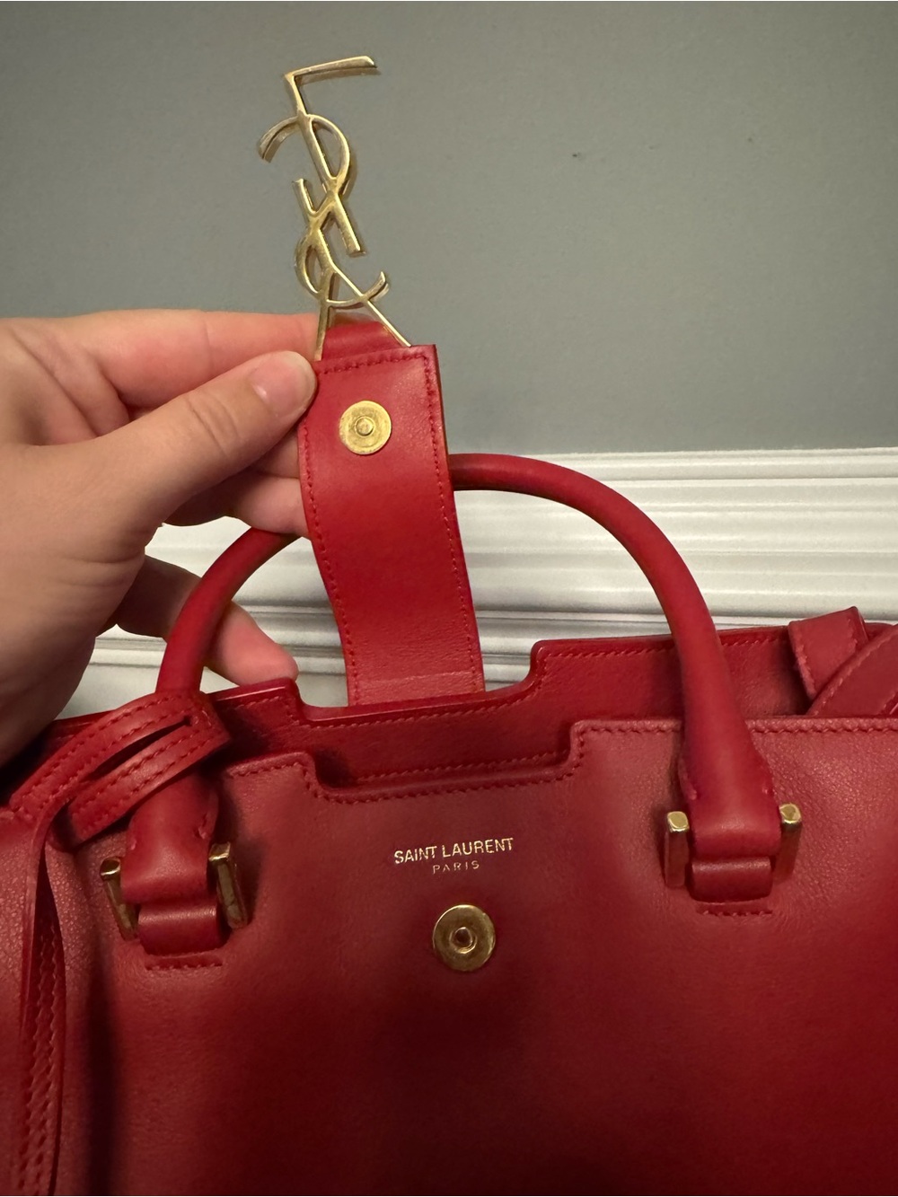 Saint Laurent Red Leather Top-Handle Satchel with Gold YSL Logo - Picture 2 of 9